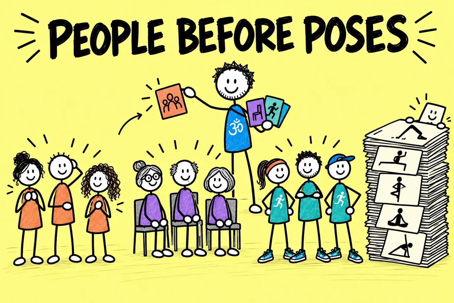 Matti chooses people before yoga poses while adult stick-figure beginners, chair-yoga students and runners wait nearby.