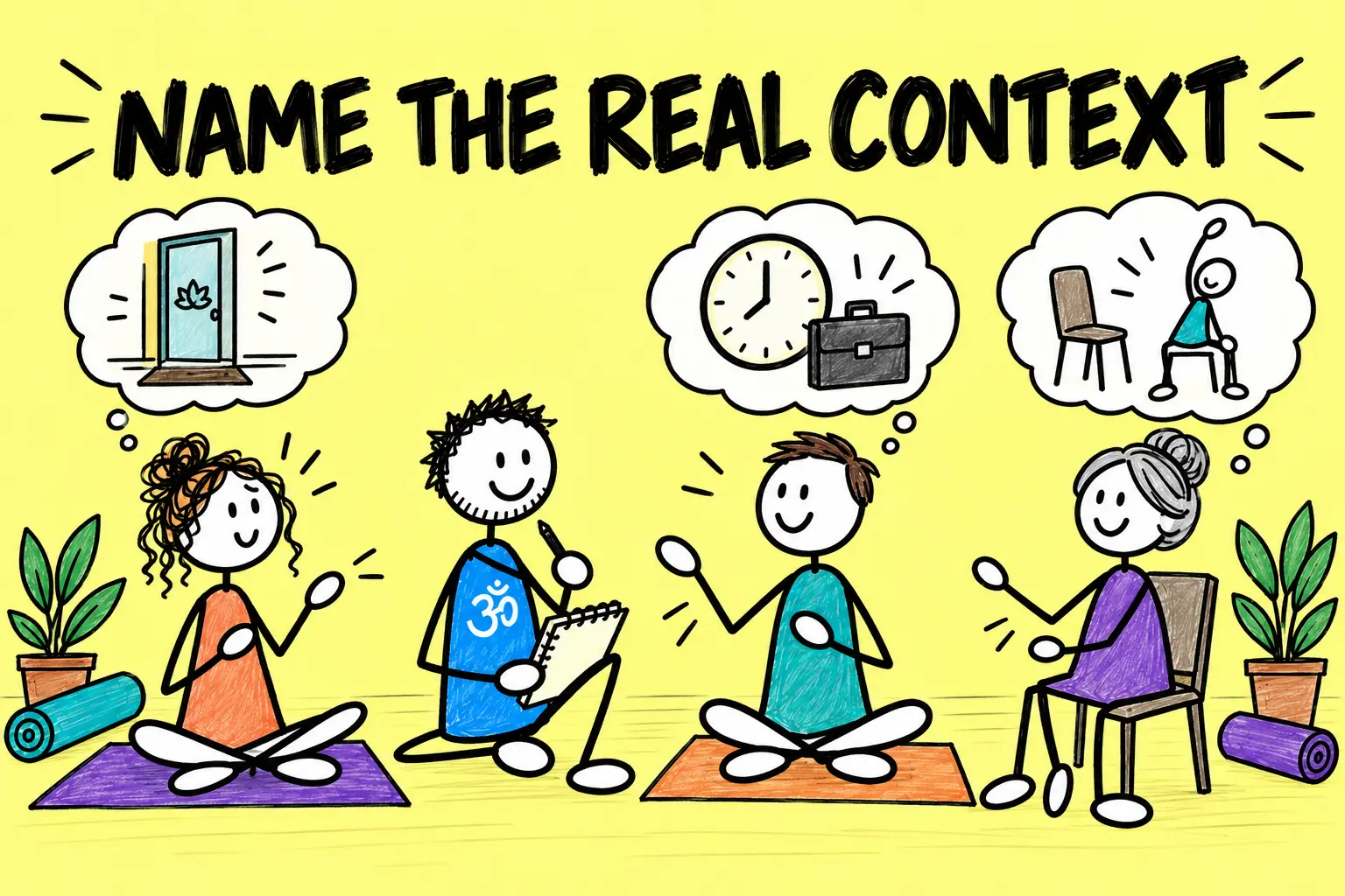 Matti listens to the real context described by adult stick-figure yoga students.