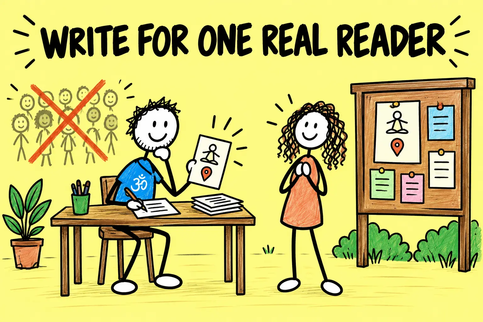 Matti writes a yoga flyer for one real local adult stick-figure reader beside a community noticeboard.