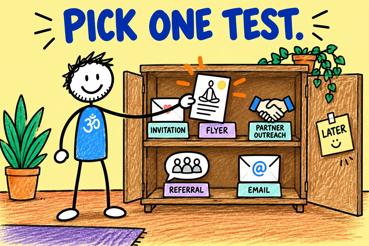 Matti selects one yoga marketing test from invitations, flyers, partnerships, referrals and email.