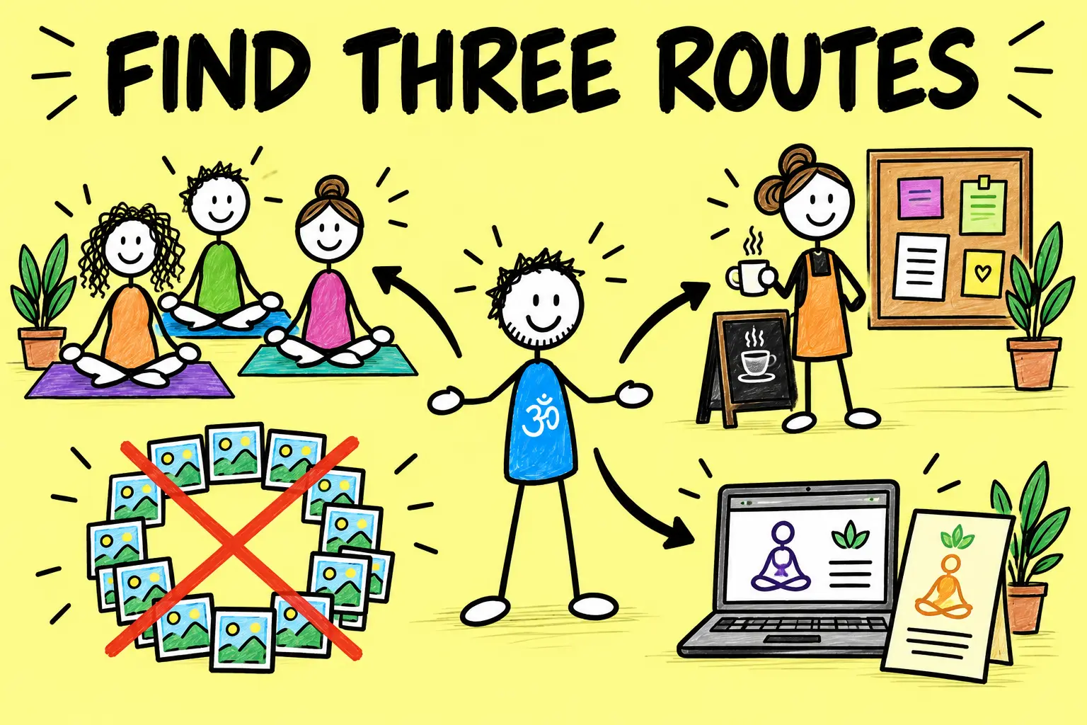 Matti identifies three practical routes for reaching adult stick-figure yoga students.