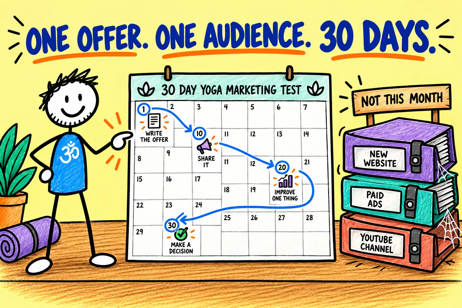 Matti follows a focused 30-day yoga marketing test while larger projects wait until another month.