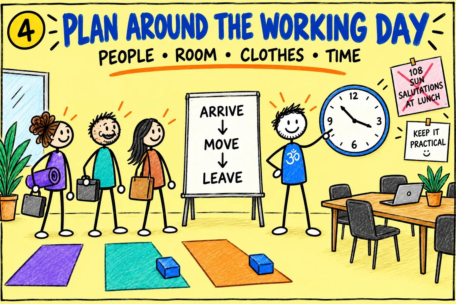 Matti plans corporate yoga around people, room, clothes and time
