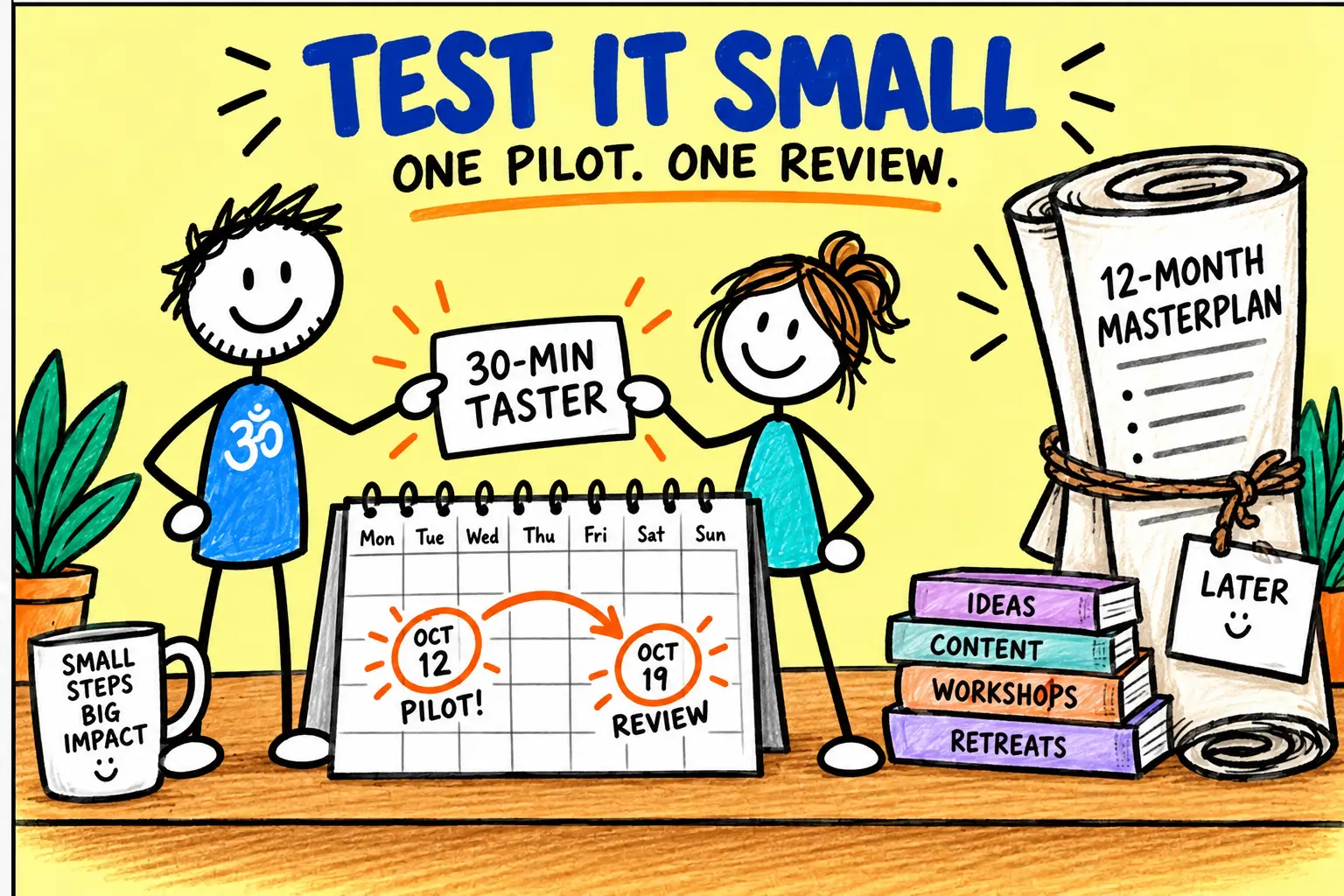 Matti and a local partner choose one 30-minute yoga taster with a clear review date instead of a 12-month masterplan.