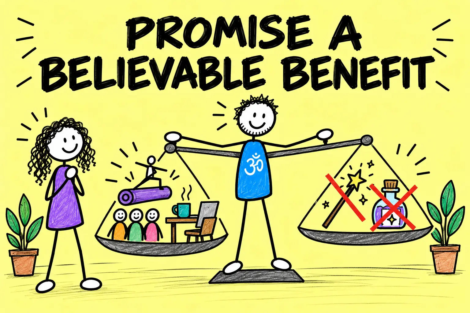 Matti balances believable yoga-class benefits against crossed-out miracle claims.