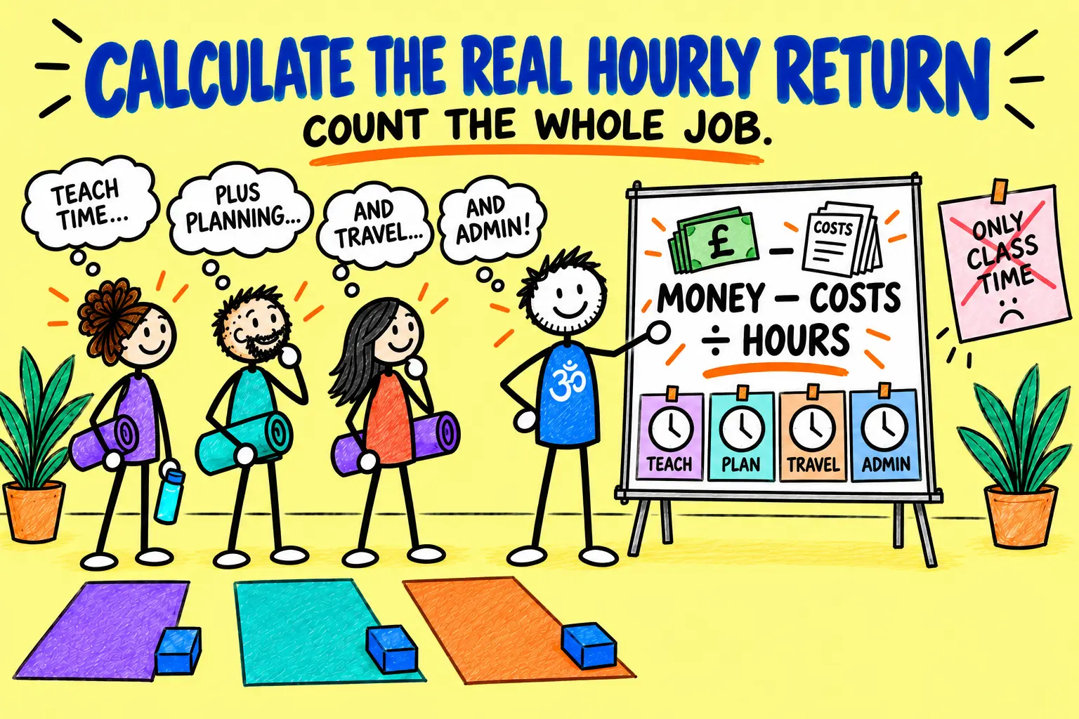 Matti counts teaching, planning, travel and administration when calculating the real hourly return