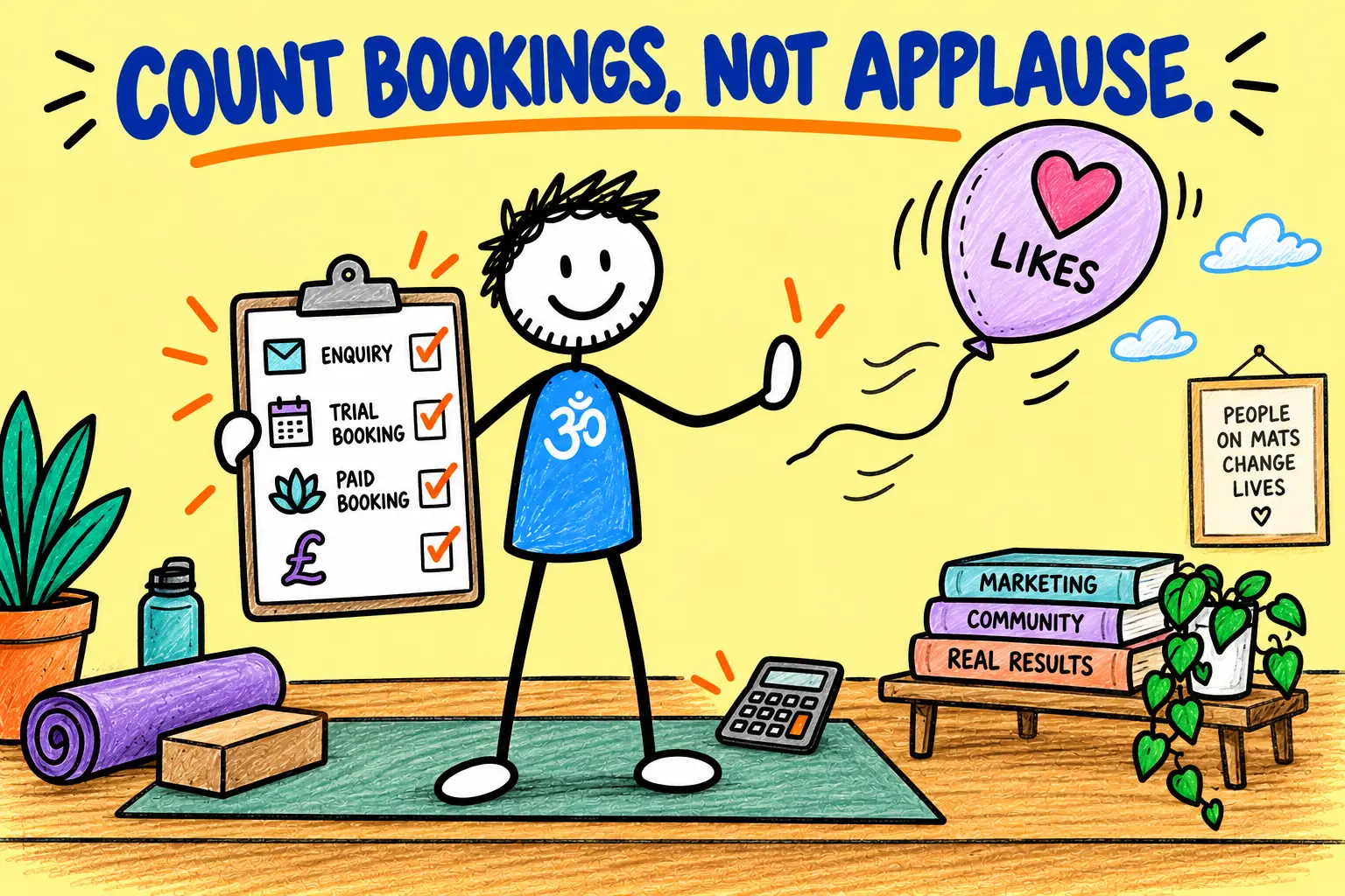 Matti records enquiries, trial bookings and paid bookings while ignoring a floating likes balloon.