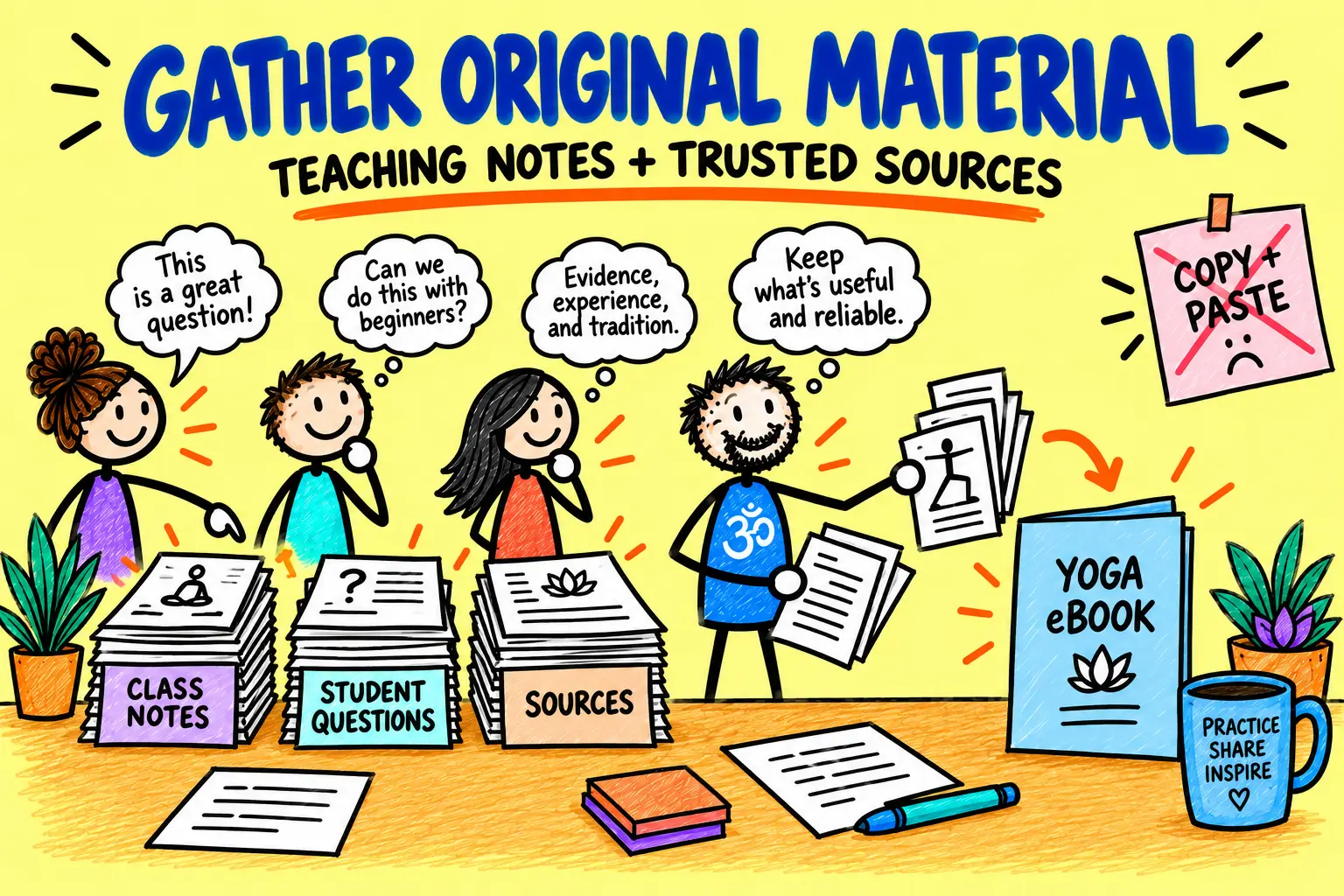 Matti gathers teaching notes, student questions and trusted sources for a yoga eBook.