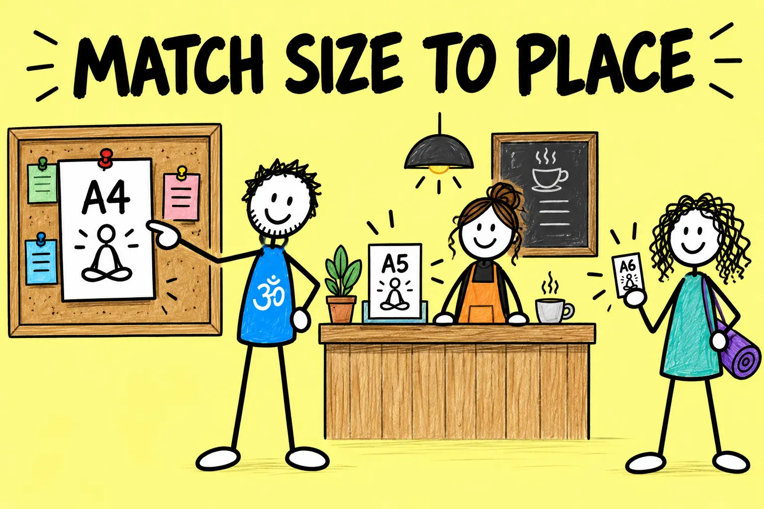 Matti matches A4, A5 and A6 yoga flyer sizes to a noticeboard, café counter and take-away card.