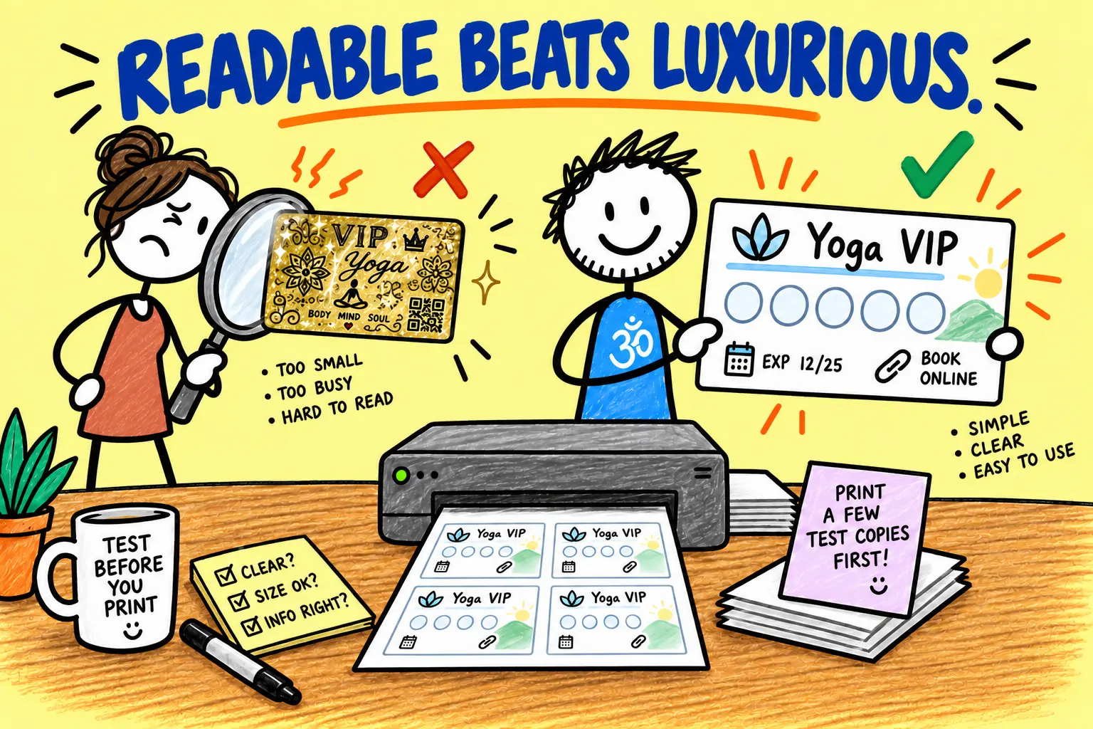 Matti presents a simple readable Yoga VIP Card while a student struggles to read an overcrowded gold version.