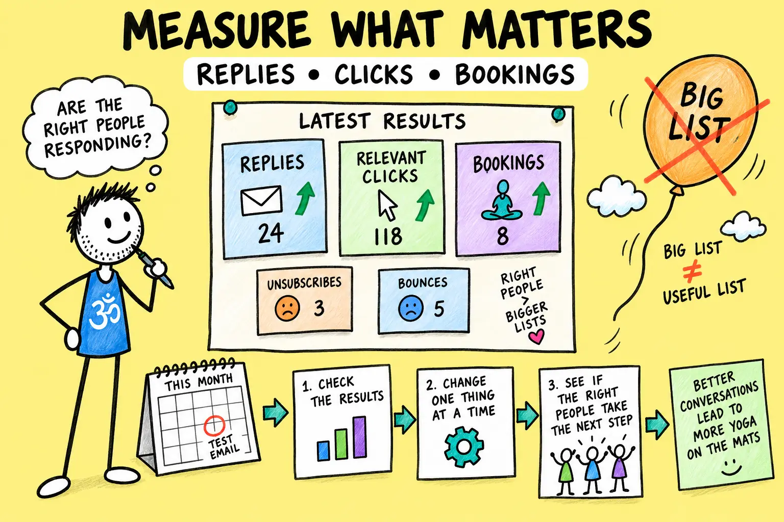 Matti measures replies, relevant clicks and bookings instead of judging success by list size alone.
