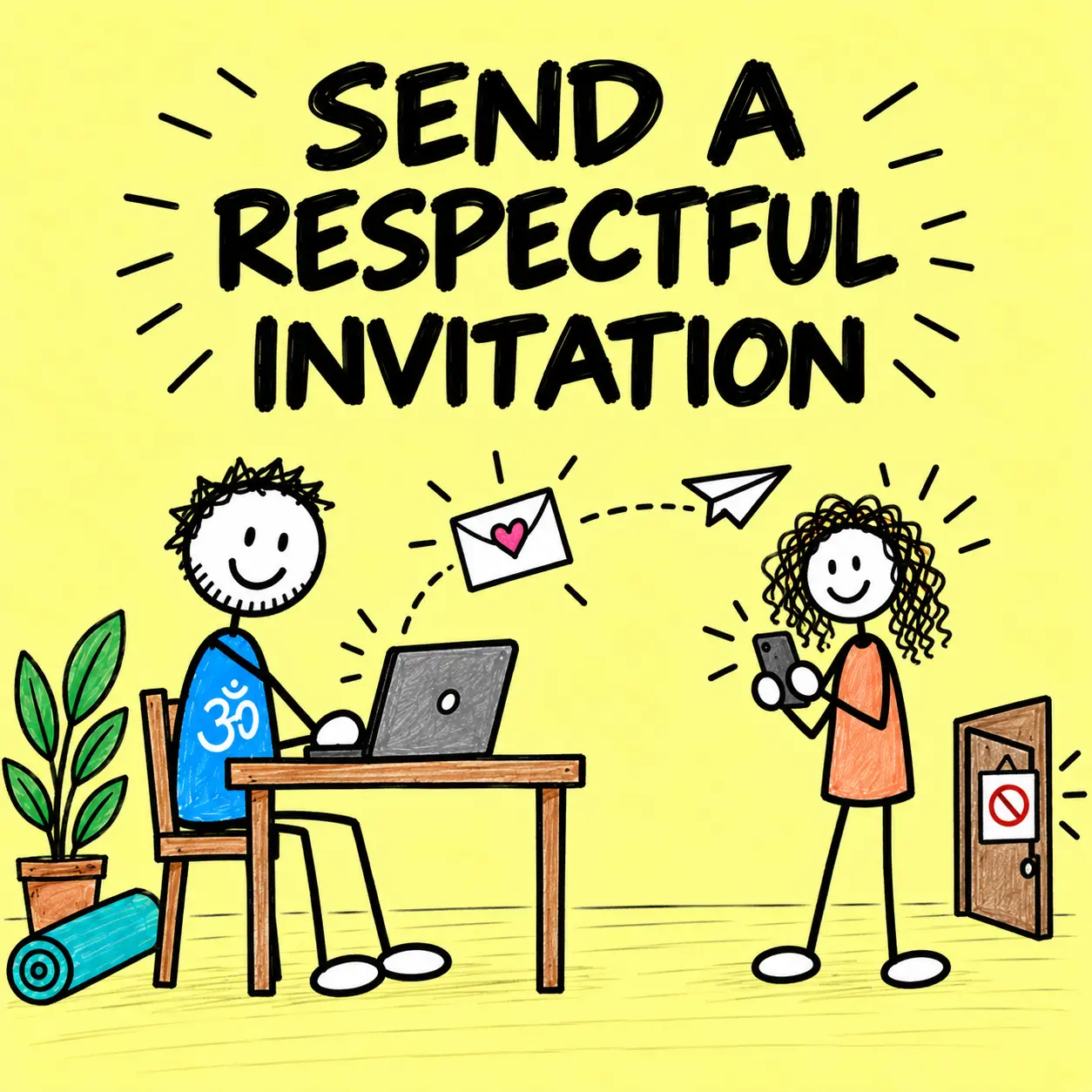 Matti sending one respectful yoga retreat invitation email to a stick-figure yoga student.