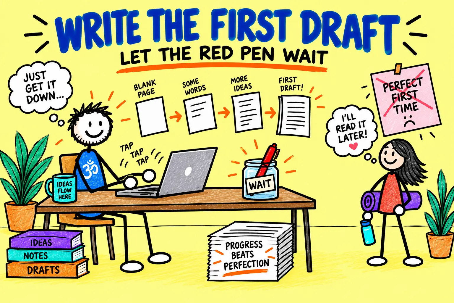 Matti writes a first yoga eBook draft while the red editing pen waits.