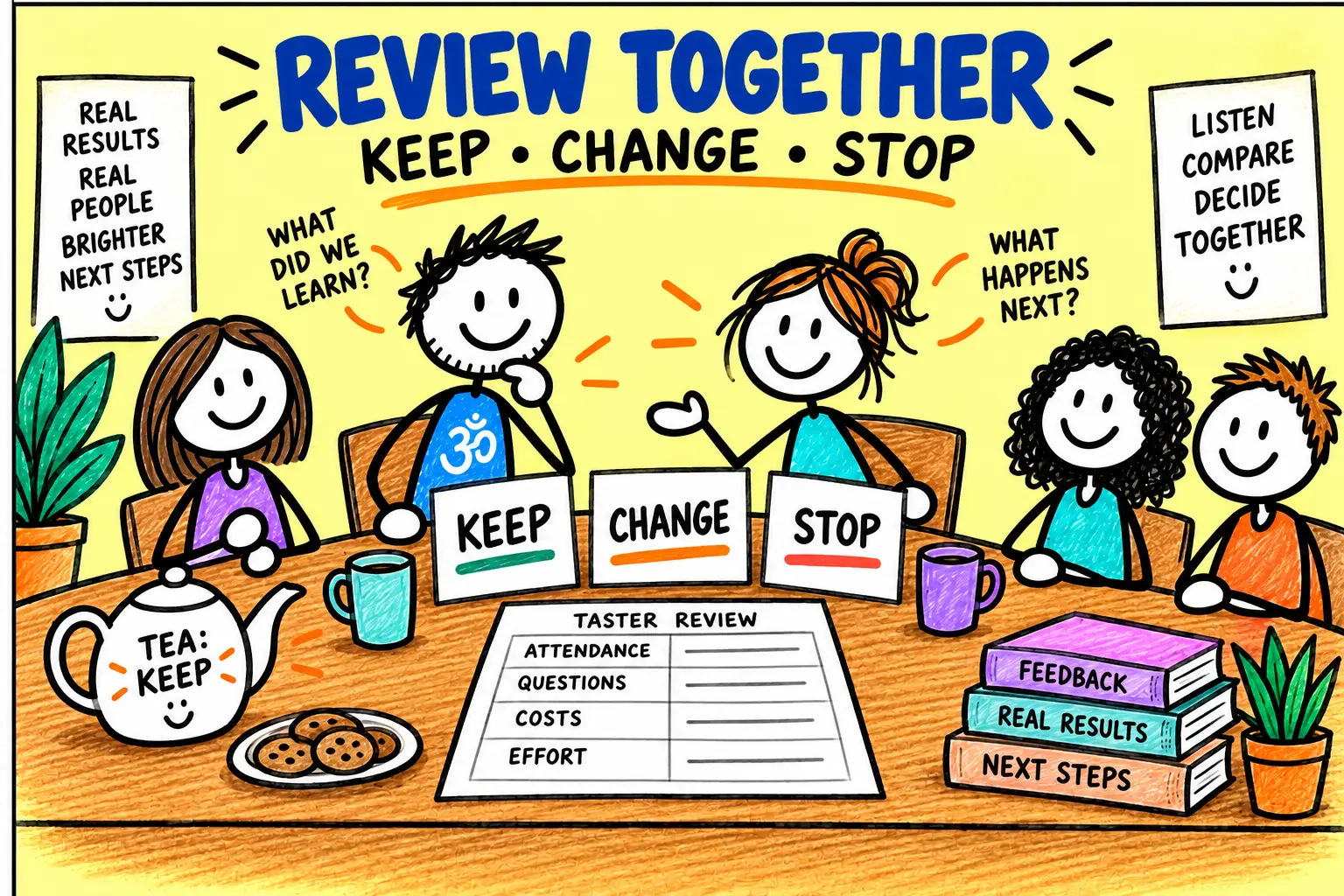 Matti, a local partner and adult students review attendance, questions, costs and effort before choosing what to keep, change or stop.