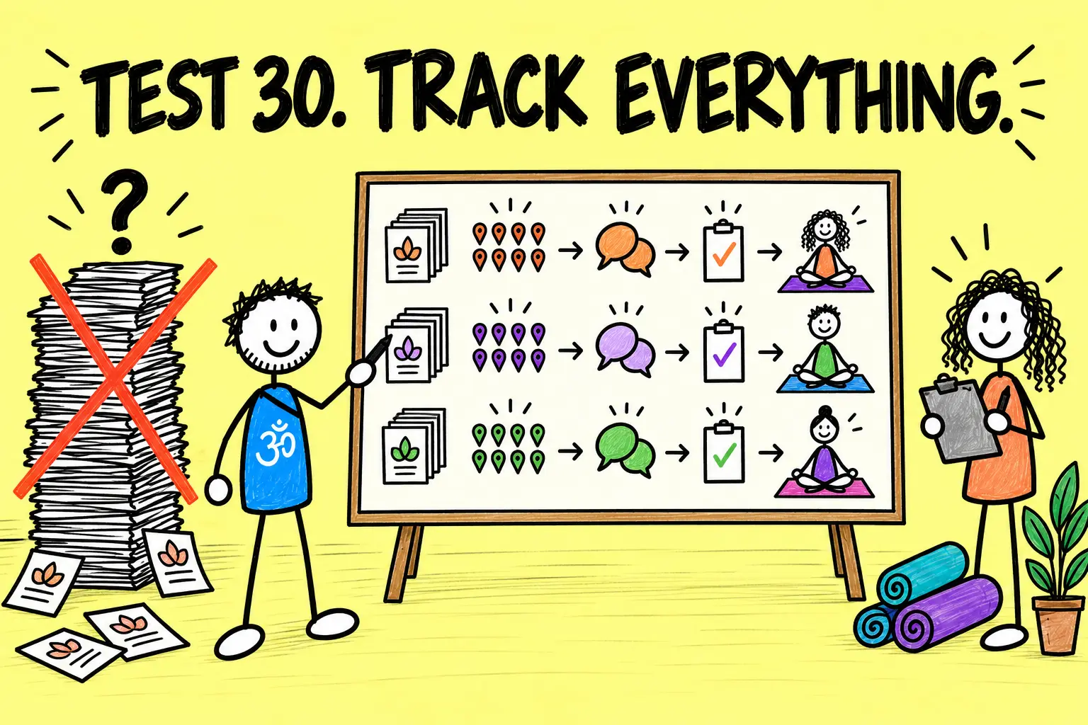 Matti and an adult stick-figure student track a measured 30-copy yoga flyer test.