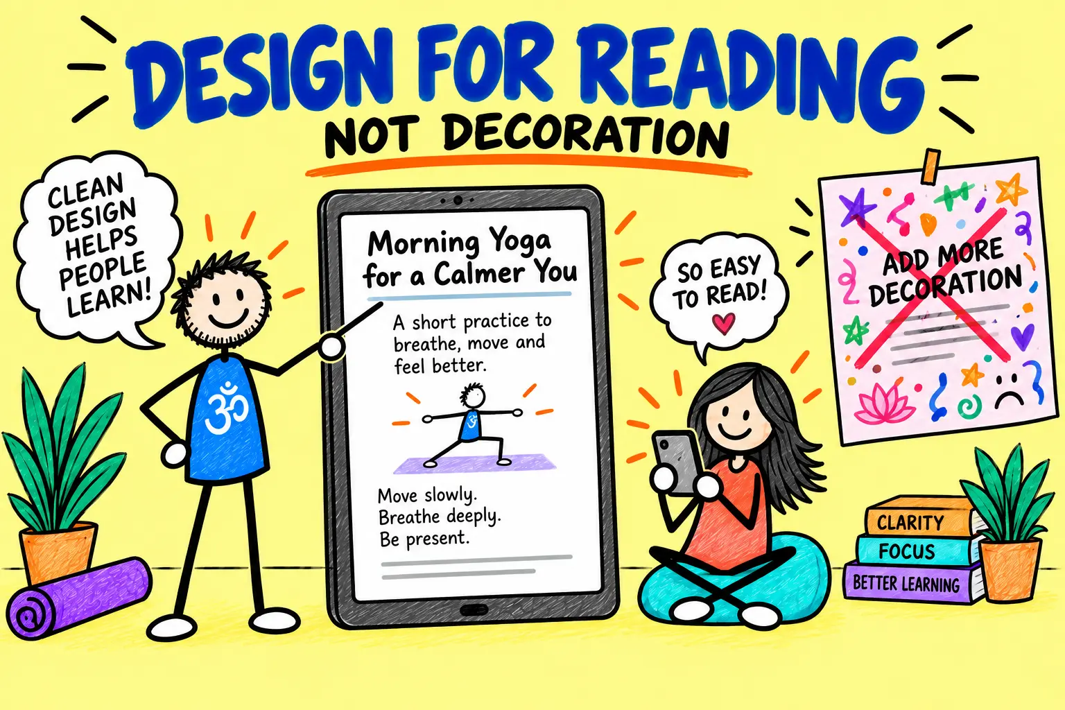 Matti designs a yoga eBook for easy reading rather than decoration.