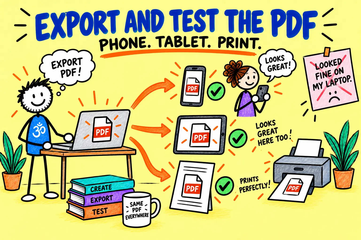 Matti tests a yoga eBook PDF on a phone, tablet and printed page.