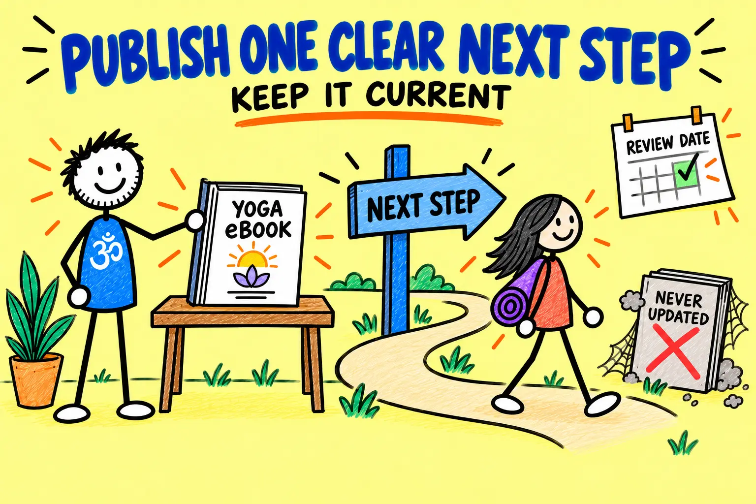 Matti publishes a yoga eBook with one clear next step and a review date.