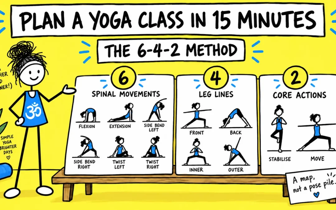 A yoga teacher presents the 6-4-2 yoga lesson planning method with six spinal movements, four leg lines and two core actions
