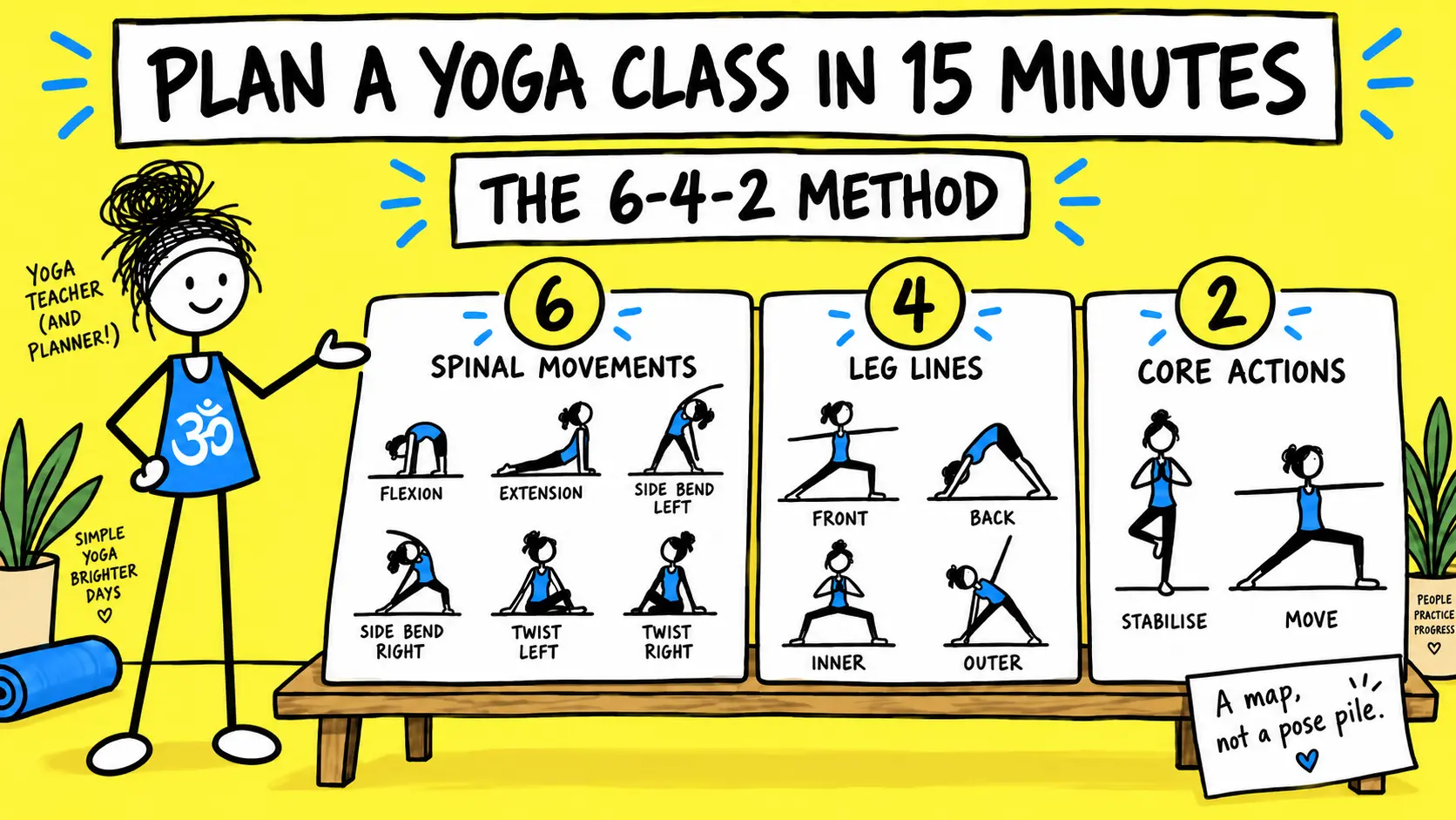 A yoga teacher presents the 6-4-2 yoga lesson planning method with six spinal movements, four leg lines and two core actions