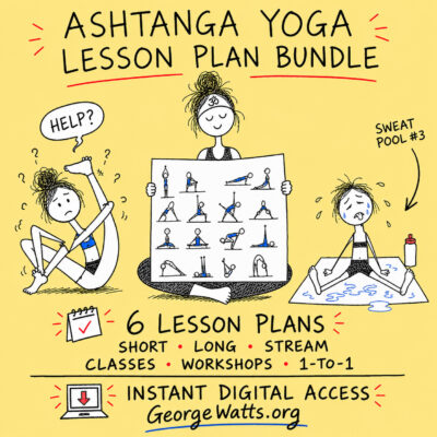 Hand-drawn Ashtanga Yoga Lesson Plan Bundle doodle with six plans, a calm teacher, a tangled student asking for help, and a tired beginner beside sweat pool number three