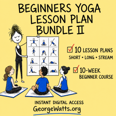 Yoga teacher showing a lesson plan to three beginner yoga students seated on mats