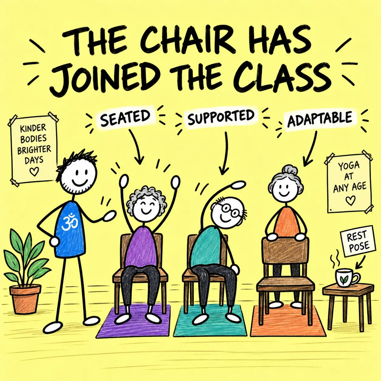 George demonstrates seated, supported and adaptable chair yoga options.