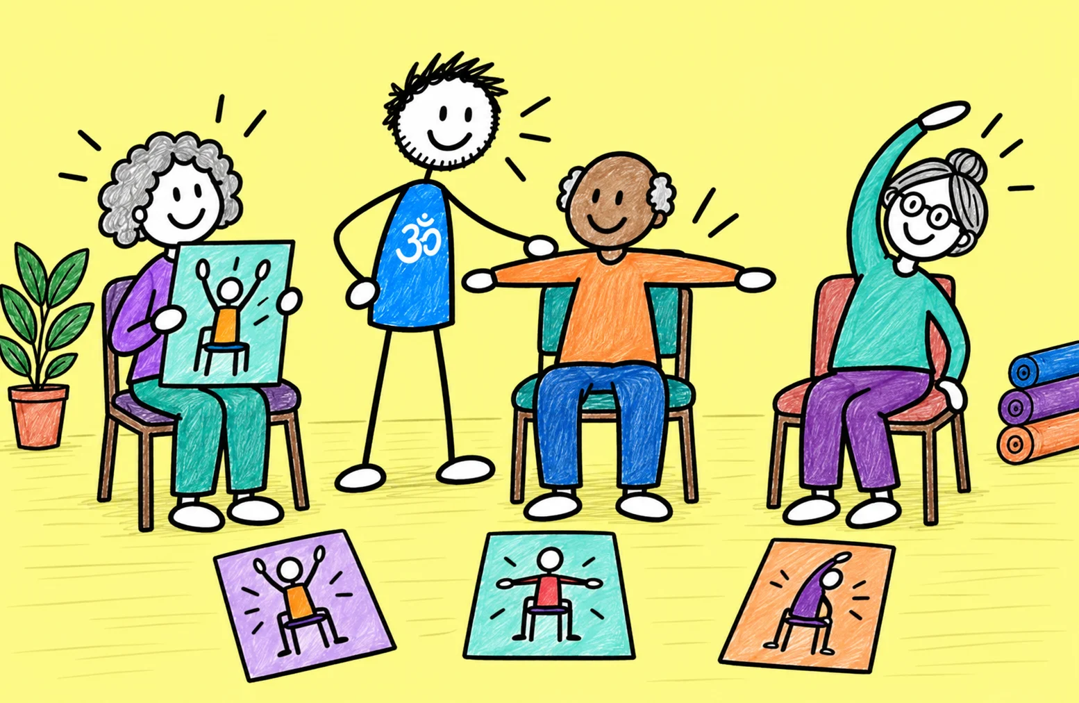 Three older students practise seated chair yoga from pose cards while George observes and assists