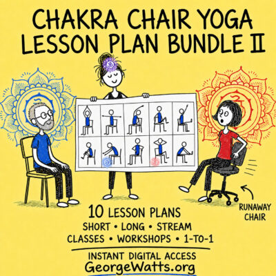 Chakra Chair Yoga Lesson Plan Bundle II with ten chair yoga lesson plans, blue and red chakra students, and a runaway chair