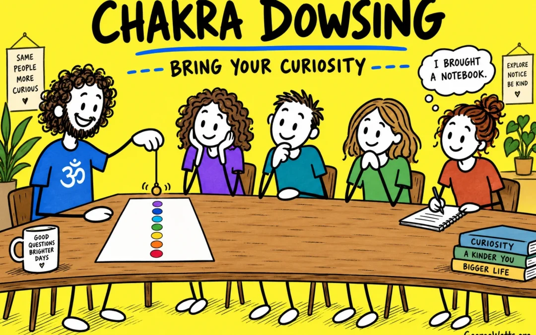 Chakra dowsing: George demonstrates a pendulum over a paper chart to curious students.