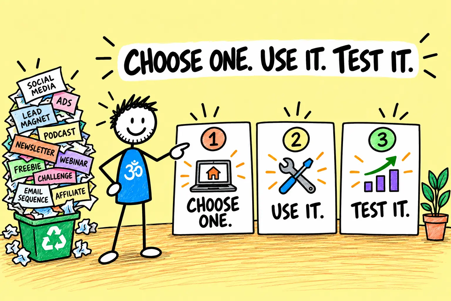 Matti chooses one marketing resource, uses it and tests the result.