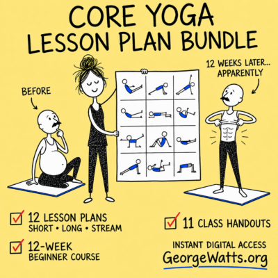 Yoga teacher showing core yoga lesson plans with a humorous before-and-after adult student doodle