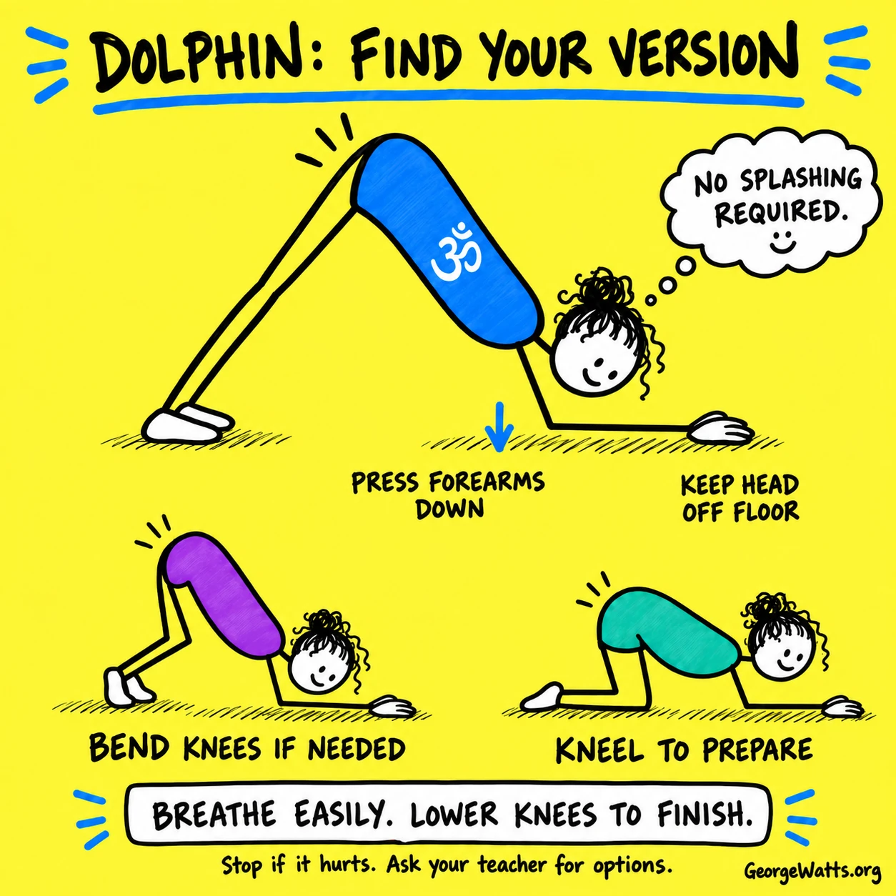 Dolphin pose with grounded forearms, bent-knee option and kneeling preparation.