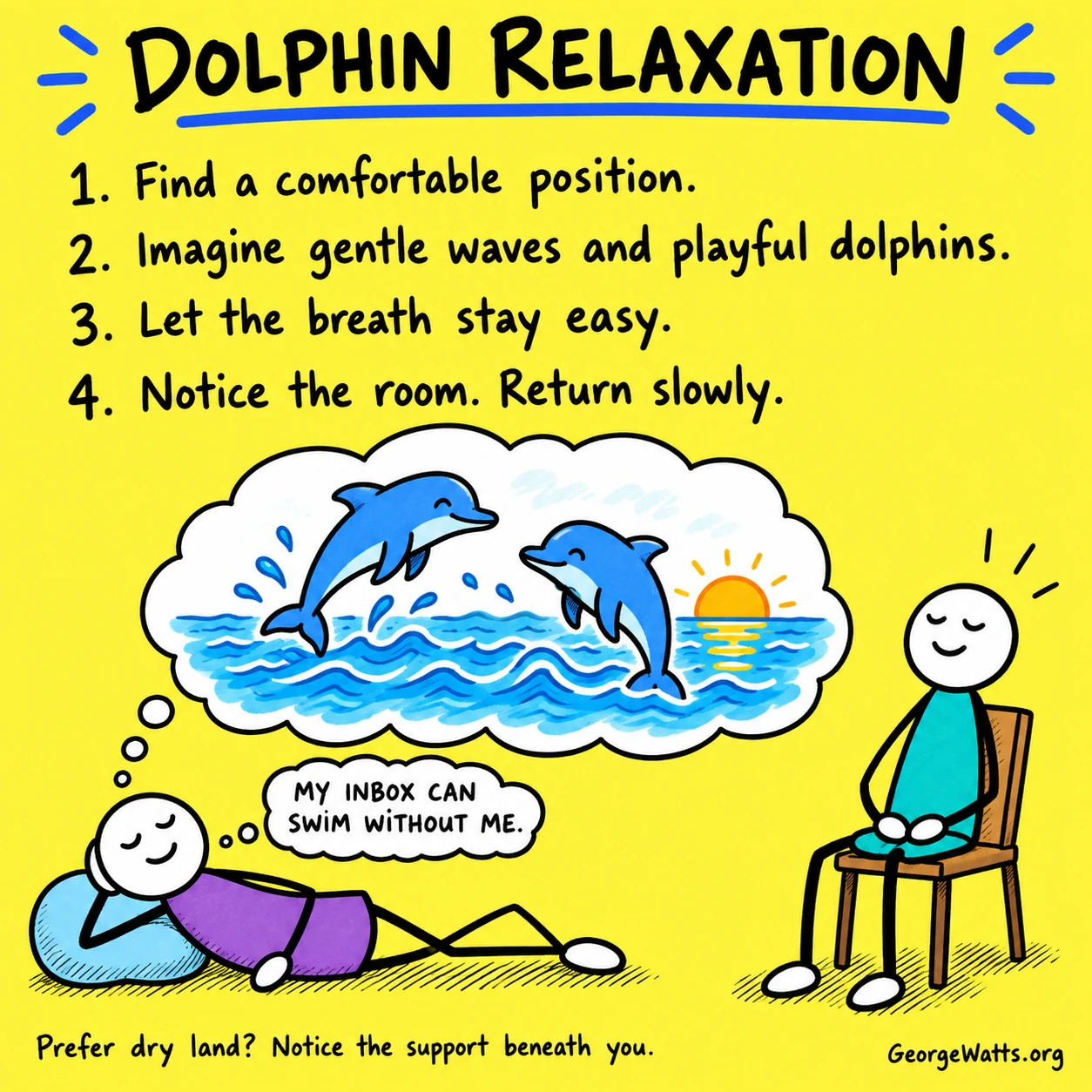 A gentle dolphin relaxation with resting students and imagined ocean waves.