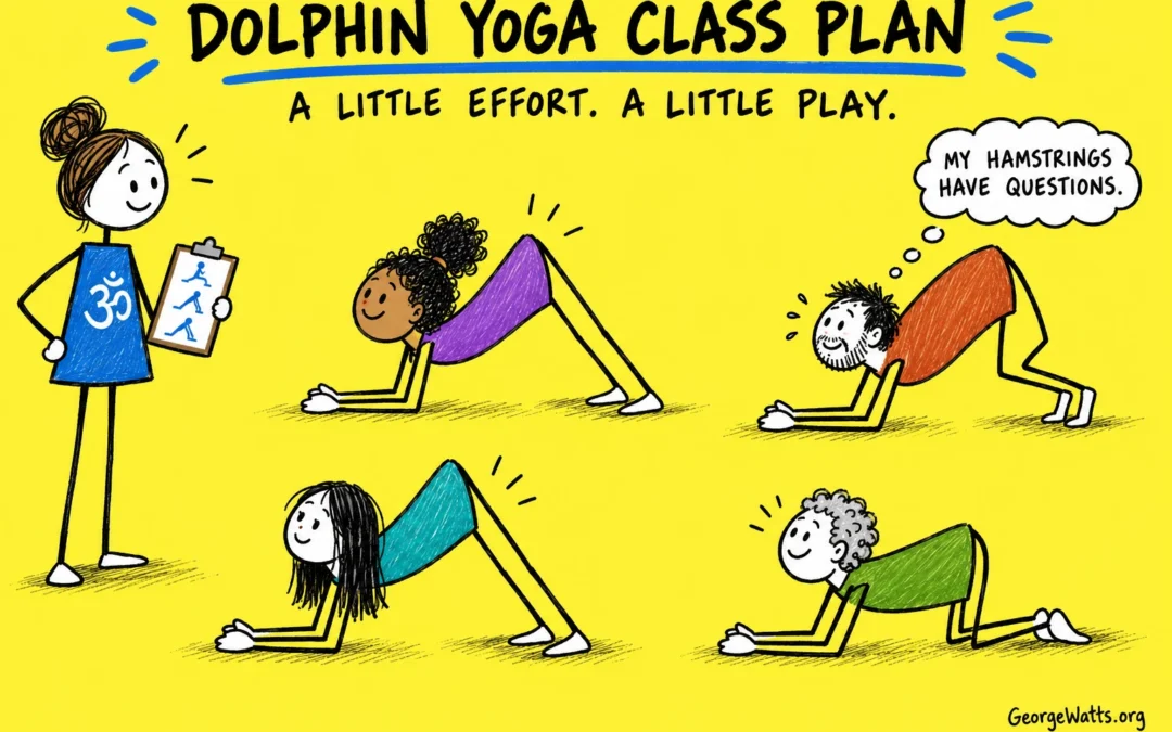 A yoga teacher guides four students through Dolphin pose options and kneeling preparation.