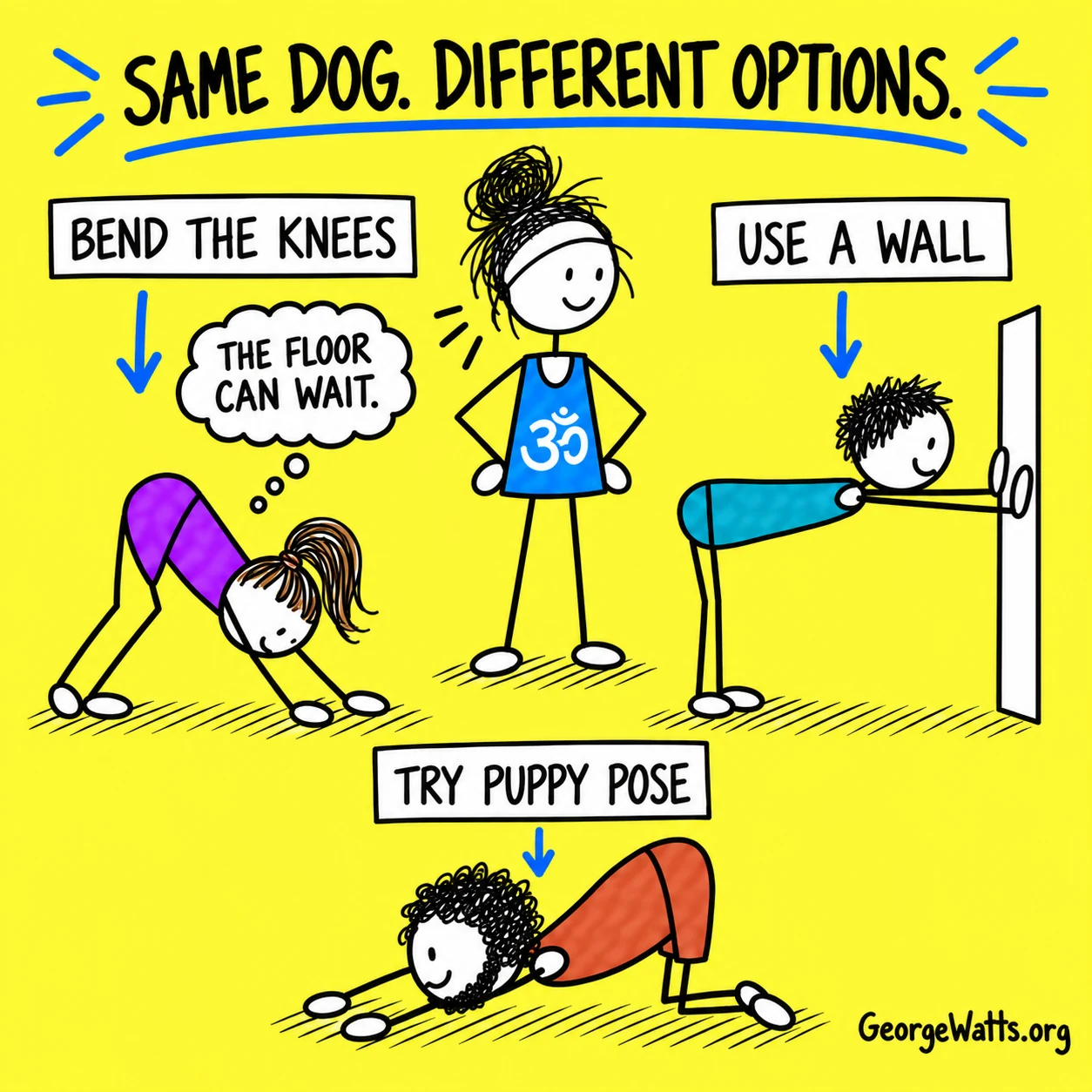 Teacher offering bent-knee Downward Dog, wall support and Puppy Pose.
