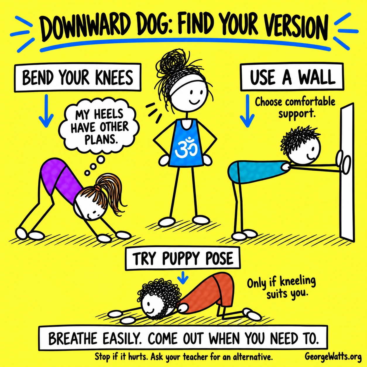 Downward Dog: find your version. Colourful stick-figure options and short practice reminders.