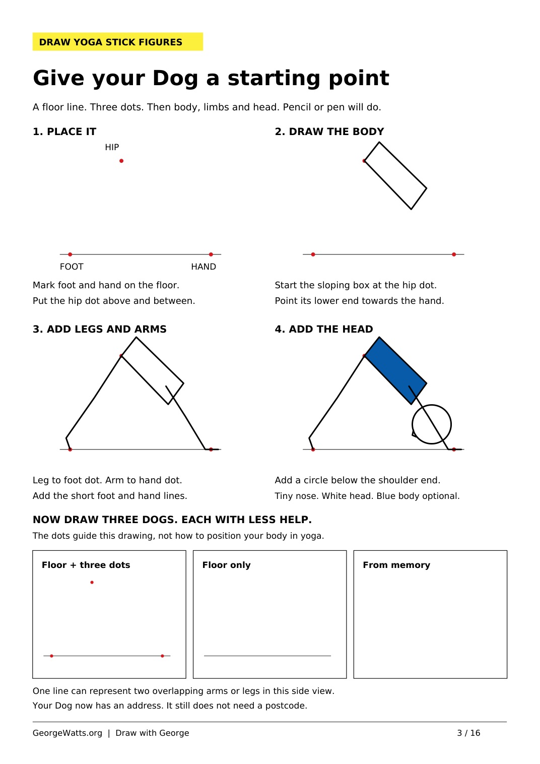 Four drawing stages and practice boxes with red guide dots