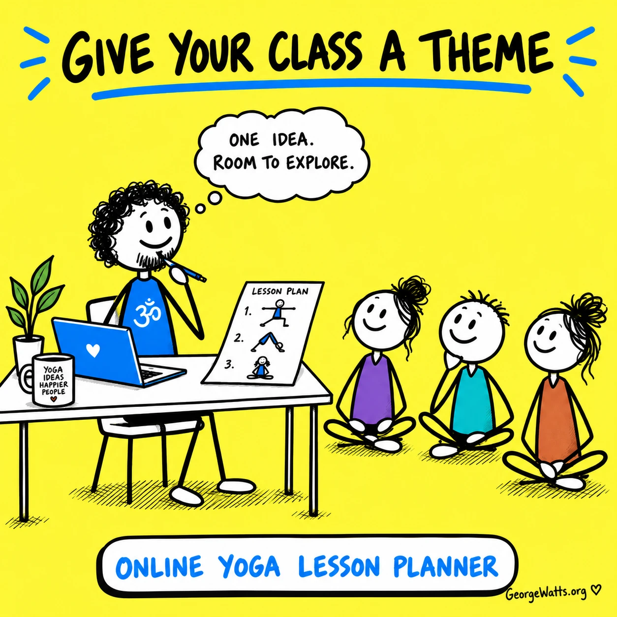 George creating a themed yoga lesson plan with three students beside his desk.