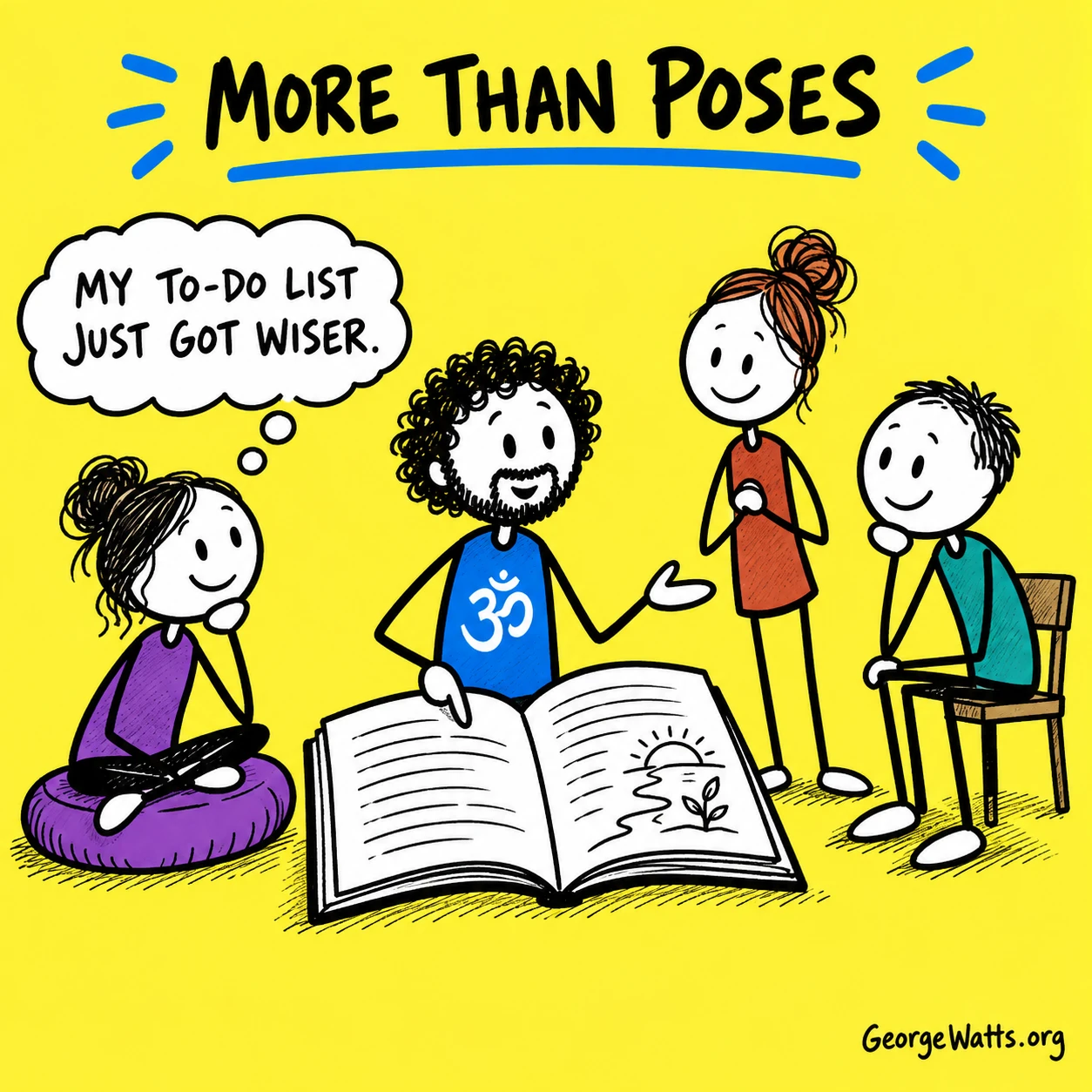 George and three colourful stick-figure students exploring a yoga philosophy book.