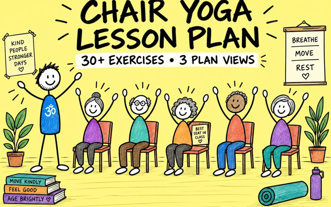 George teaches five older adults a chair yoga class with more than 30 exercises.