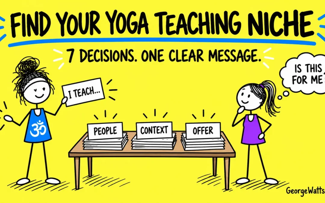 Yoga teacher chooses people, context and offer cards while a student asks whether the class is for her.