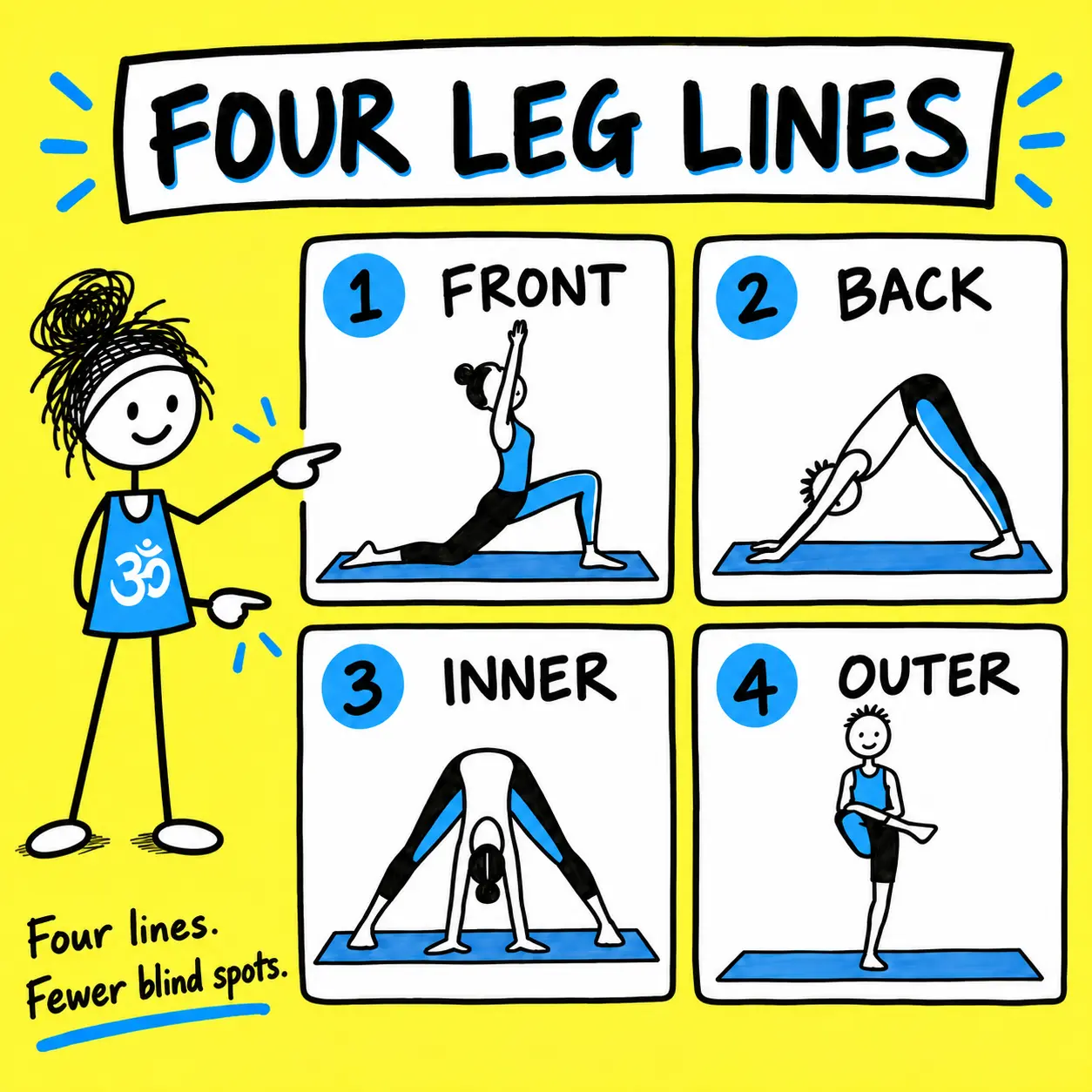 A yoga teacher points to traditional yoga examples for the front, back, inner and outer leg lines