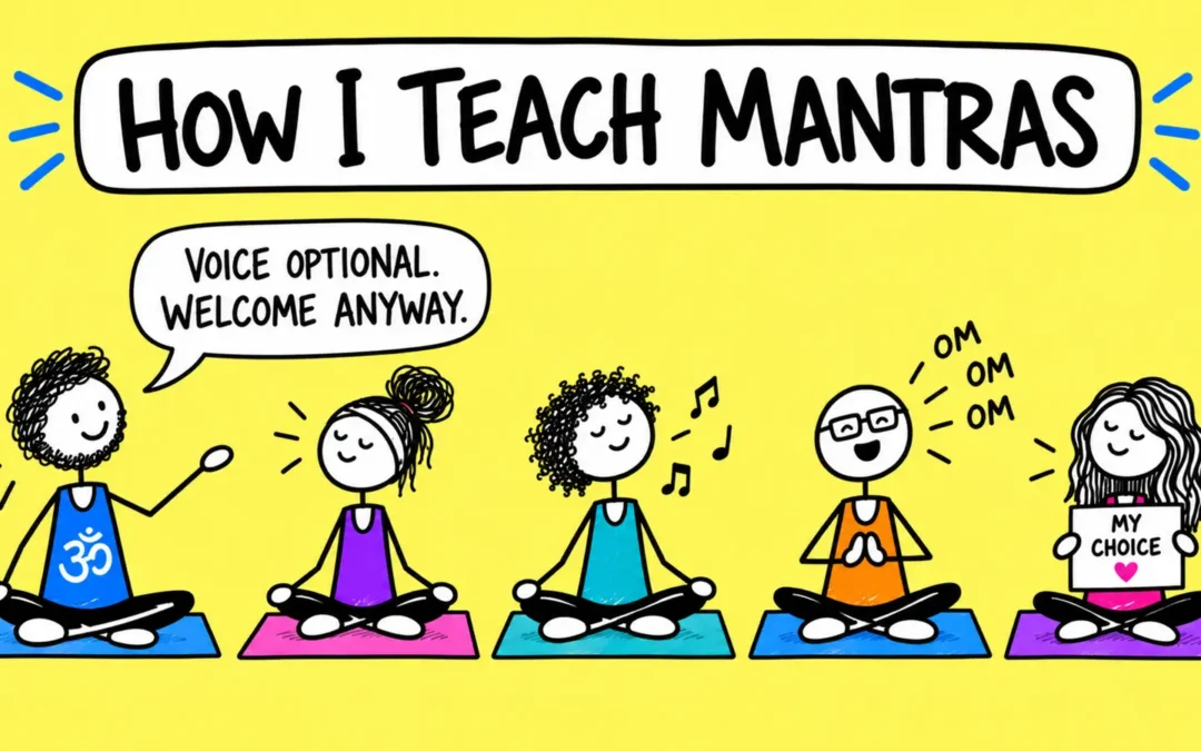Matti invites four adult yoga students to chant, hum, listen or choose silence while teaching mantras.