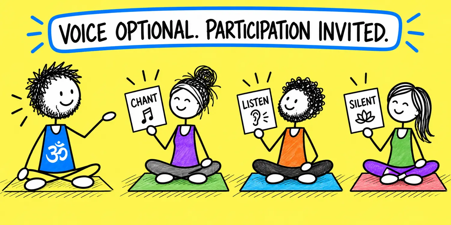 Yoga students are welcomed to join a mantra or listen quietly, with participation clearly presented as optional.