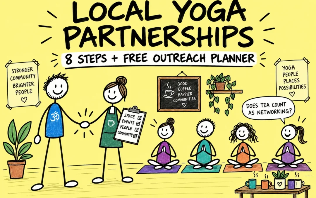 Yoga teacher connecting a local partner with adult students seated on colourful yoga mats