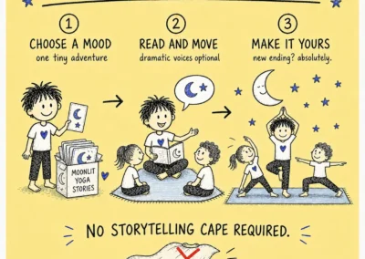 Matti chooses a yoga story, tells it to children and moves through the poses