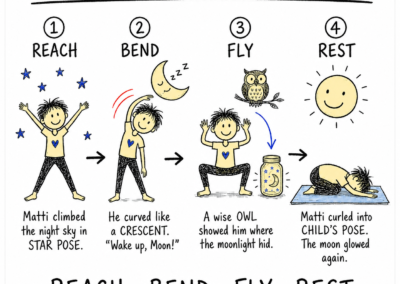 Print-friendly white edition of Matti and the Sleepy Moon kids yoga story