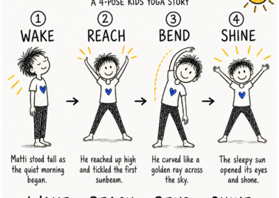 White print-friendly Matti Wakes the Morning Sun kids yoga story card