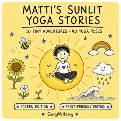 Matti’s Sunlit Kids Yoga Stories cover with ten sunny four-pose yoga adventures